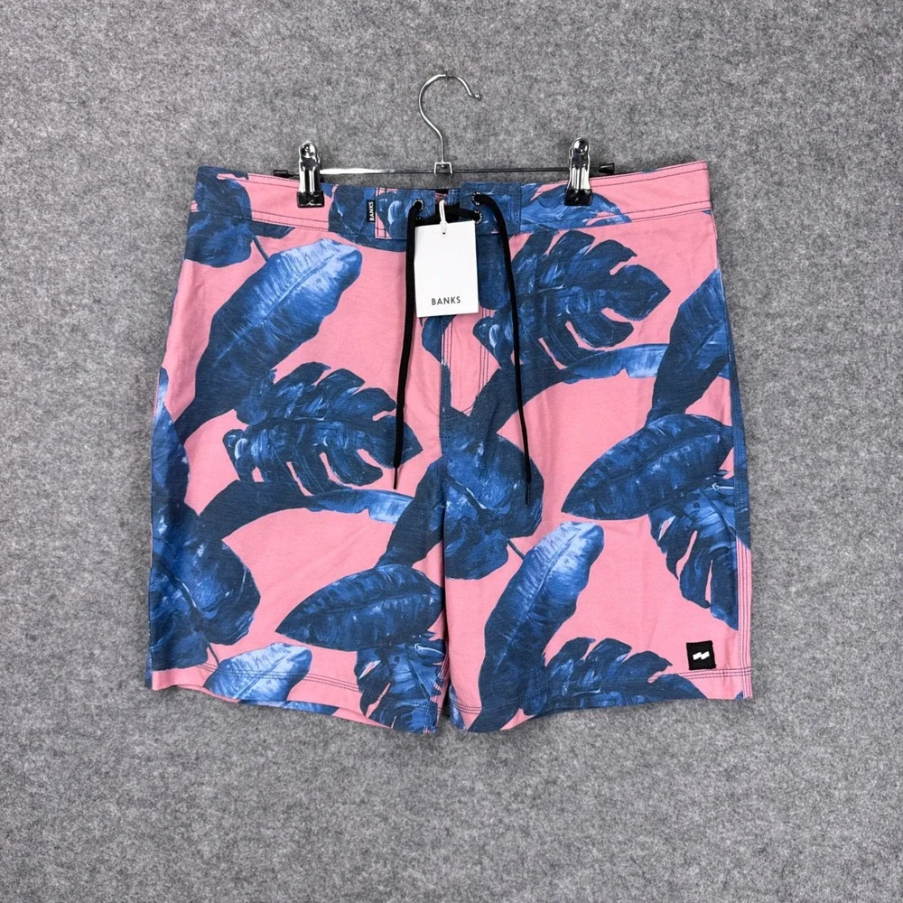 Banks Journal Board Shorts Island Flair 34 Pink Blue Tropical Leaf Stretch New